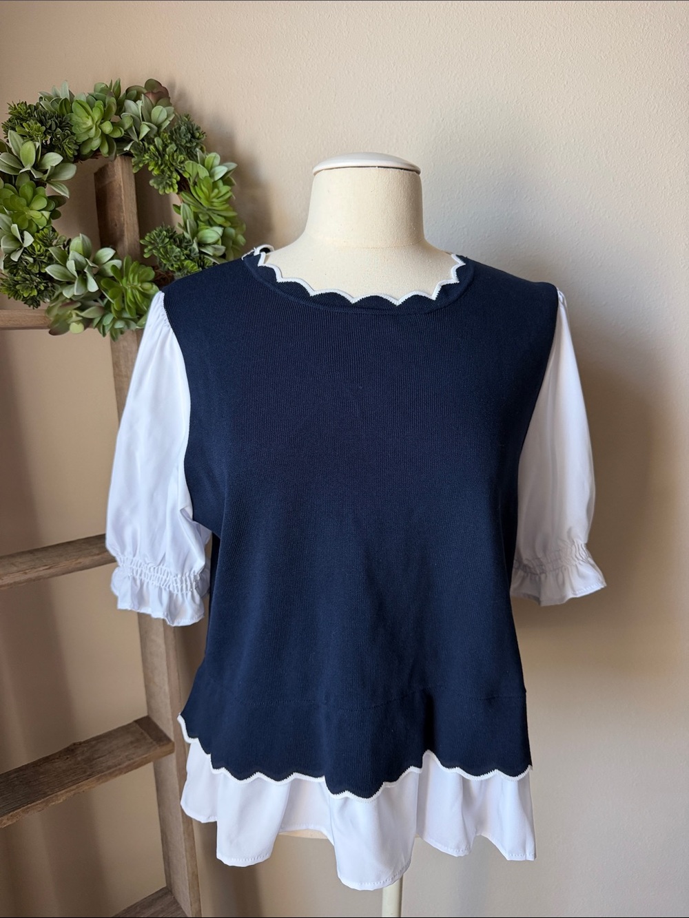 Nanette navy blue and white twofer top